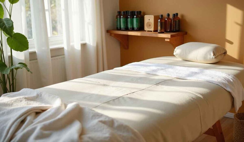 A sunlit massage table covered with a white towel in a room with beige walls, a window, and a shelf holding bottles of massage oils.