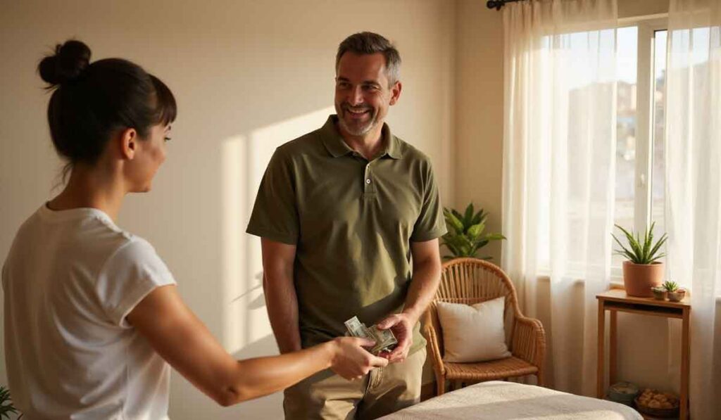 A woman hands cash to a smiling man standing in a sunlit room with plants, a wicker chair, and a massage table.