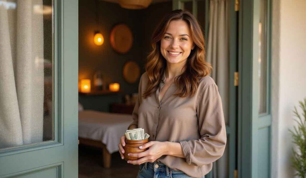 A woman stands in a doorway holding a wooden bowl filled with cash, smiling at the camera. A softly lit room is visible in the background.