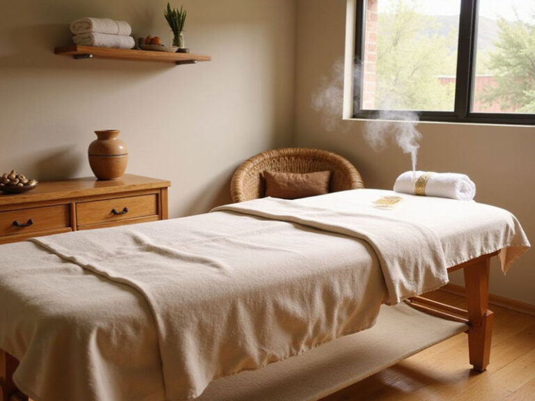A neatly made massage table with a rolled towel, a steaming towel roll, and a chair in a softly lit room with a window, dresser, and shelf.